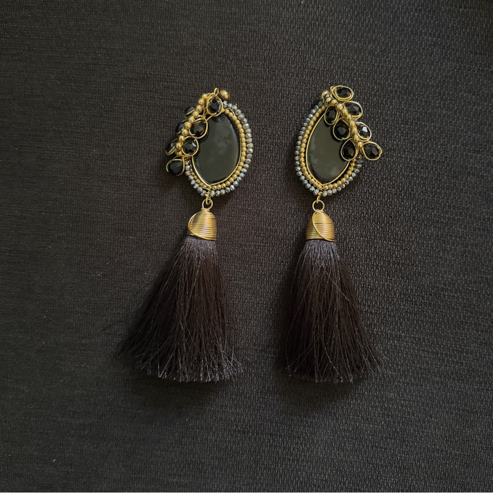 Black and Gold Tassel Drop Earrings - Elegant Statement